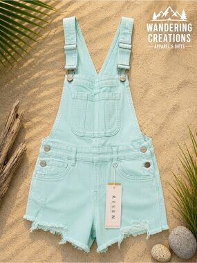 Risen Mint Green Denim Short Overalls Romper